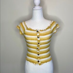 Trendy JS Brand Yellow Striped Women's Top with Ruffle Edges